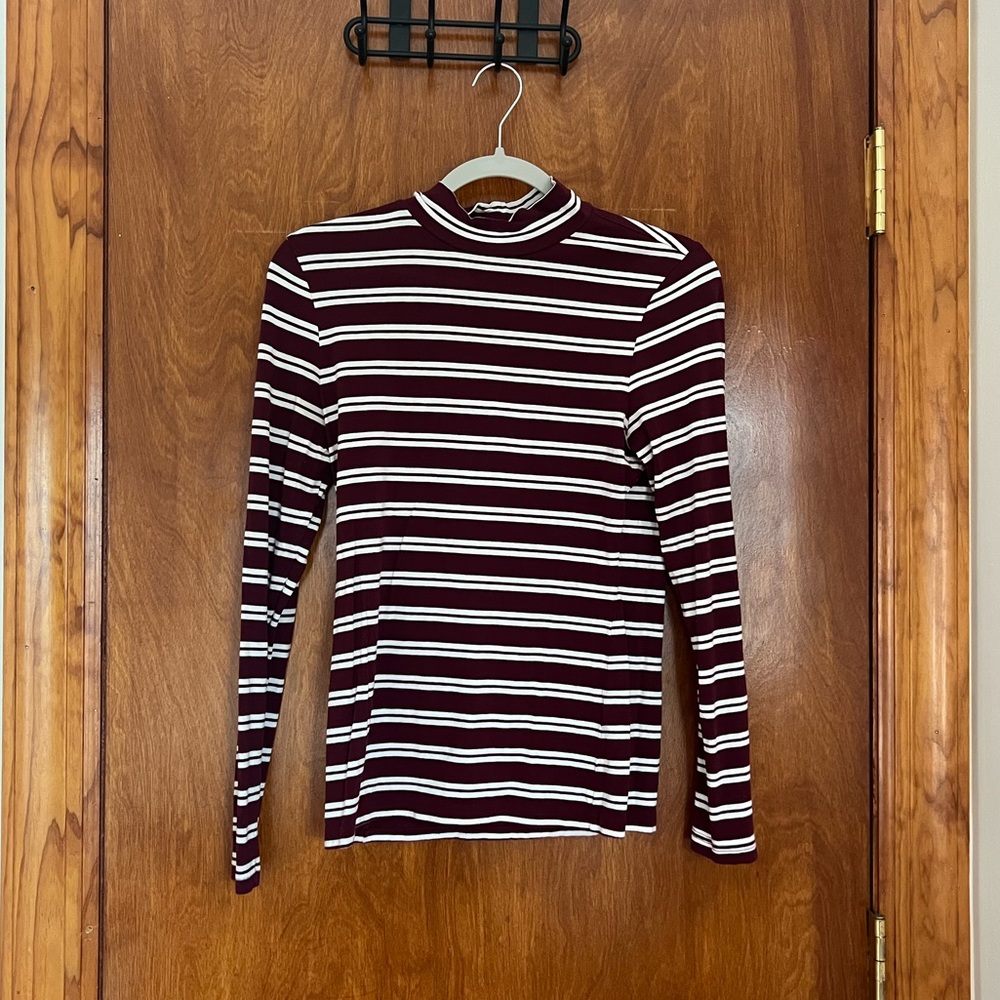 Maroon and White Stripe Banana Republic Mock Neck